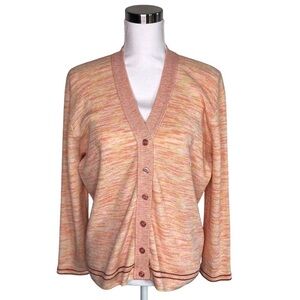 VINTAGE 70s 80s Azure Space Dye Yellow Orange Pink V-Neck Cardigan Sweater L